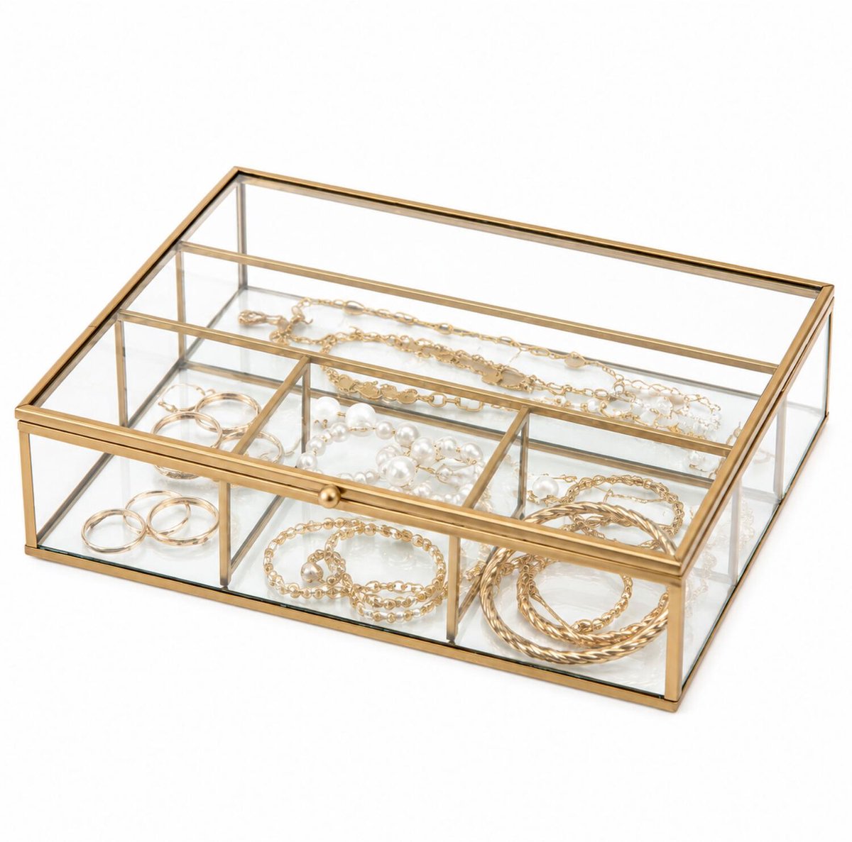Home & Styling Sieradenkistje - goudkleurig - 5-vaks - metaal met glas - 26,5x21,5x7 cm