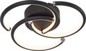 Moderne zwarte plafondlamp met drie gebogen ringen, verlicht met warm wit licht.