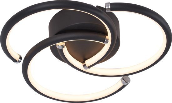 Moderne zwarte plafondlamp met drie gebogen ringen, verlicht met warm wit licht.