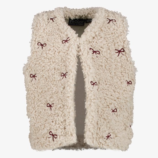 Crèmekleurige teddy gilet met rode strikjes