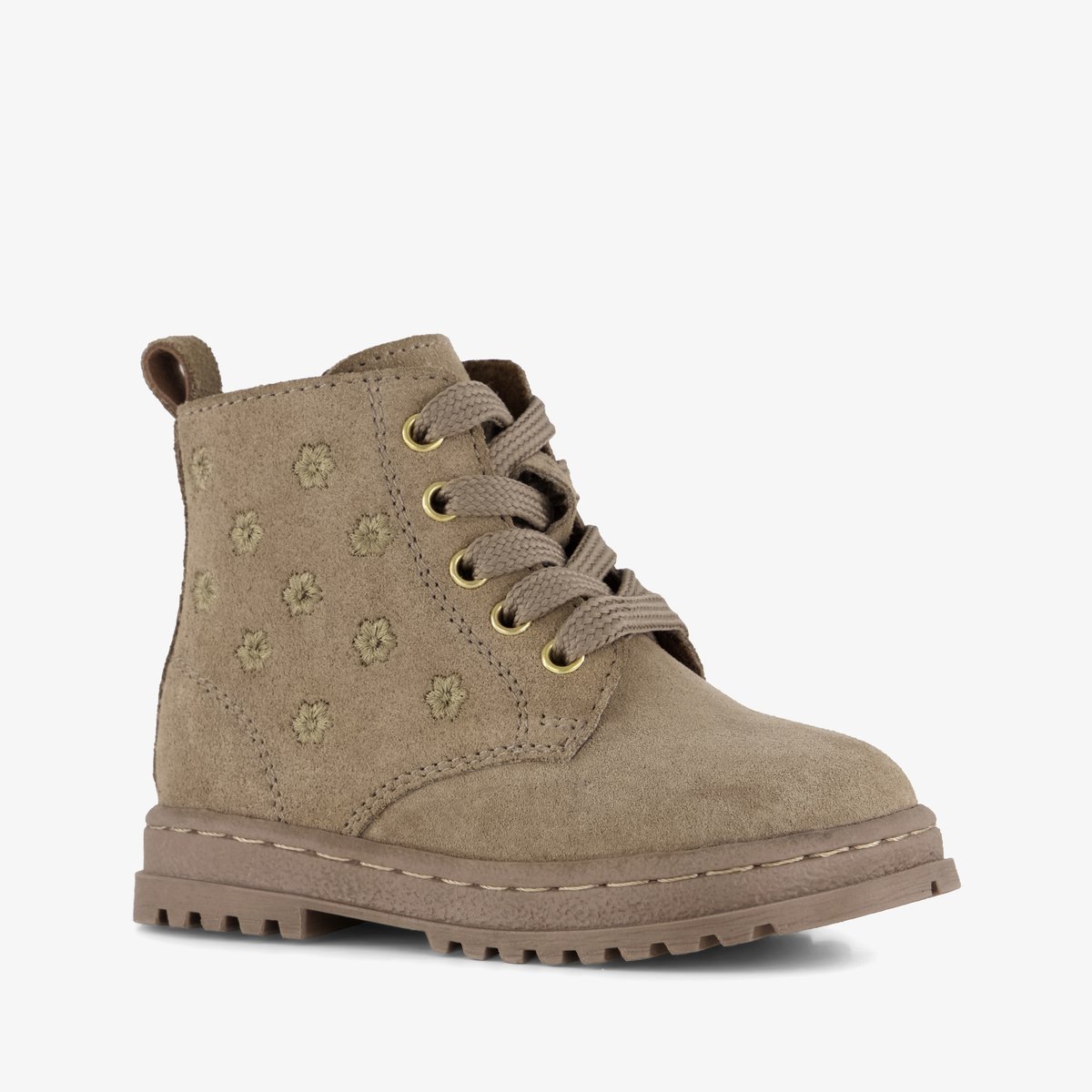 Groot suède meisjes veterboots met bloemetjes taupe - Beige - Echt leer - Uitneembare zool - Maat 25