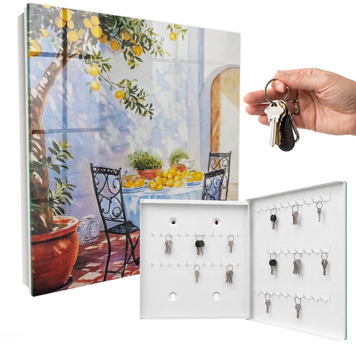WallMuralia - Sleutelkast - 30x30x5 cm - met 50 haken - Citroentuin Sleutelkastje Klein - Blauw Sleutelbox - Rechtsopenend - Wit interieur