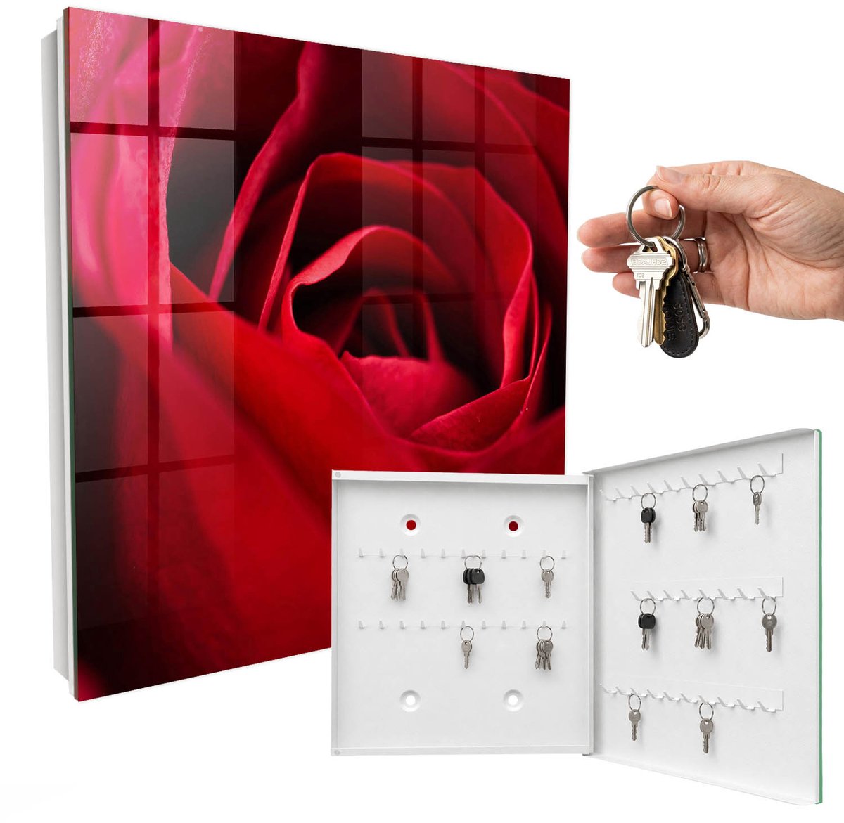 WallMuralia - Sleutelkast - 30x30x5 cm - met 50 haken - Roos Van Dichtbij Sleutelkastje Voor Binnen - Rood Sleutelbox - Rechtsopenend - Wit interieur