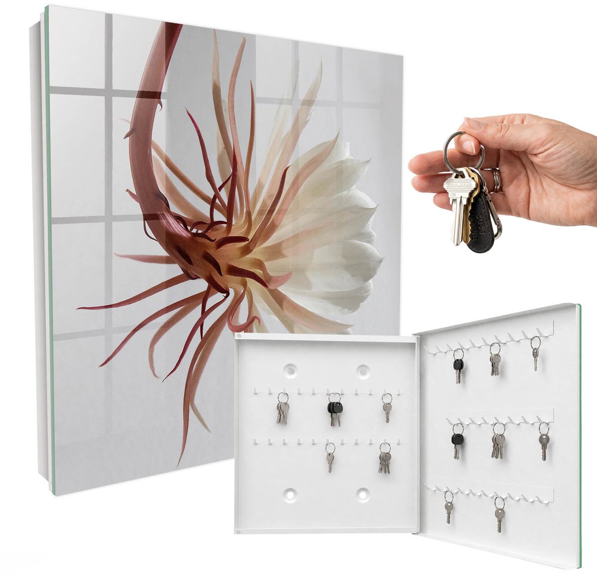WallMuralia - Sleutelkast - 30x30x5 cm - met 50 haken - De Elegantie Van De Natuur Sleutelkastje Voor Binnen - Romig Sleutelbox - Rechtsopenend - Wit interieur