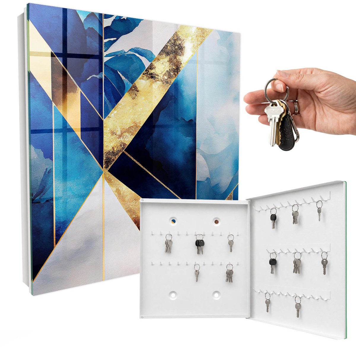 WallMuralia - Sleutelkast - 30x30x5 cm - met 50 haken - Blauwe Elegantie Sleutelkastje Landelijk - Blauw Sleutelbox - Rechtsopenend - Wit interieur