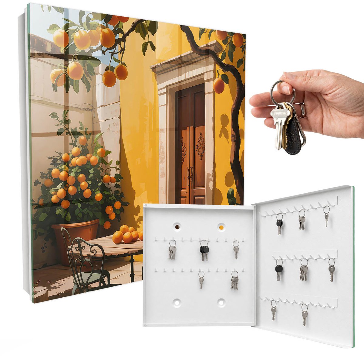 WallMuralia - Sleutelkast - 30x30x5 cm - met 50 haken - Oranje Terras Sleutelkastje Industrieel - Geel Sleutelbox - Rechtsopenend - Wit interieur