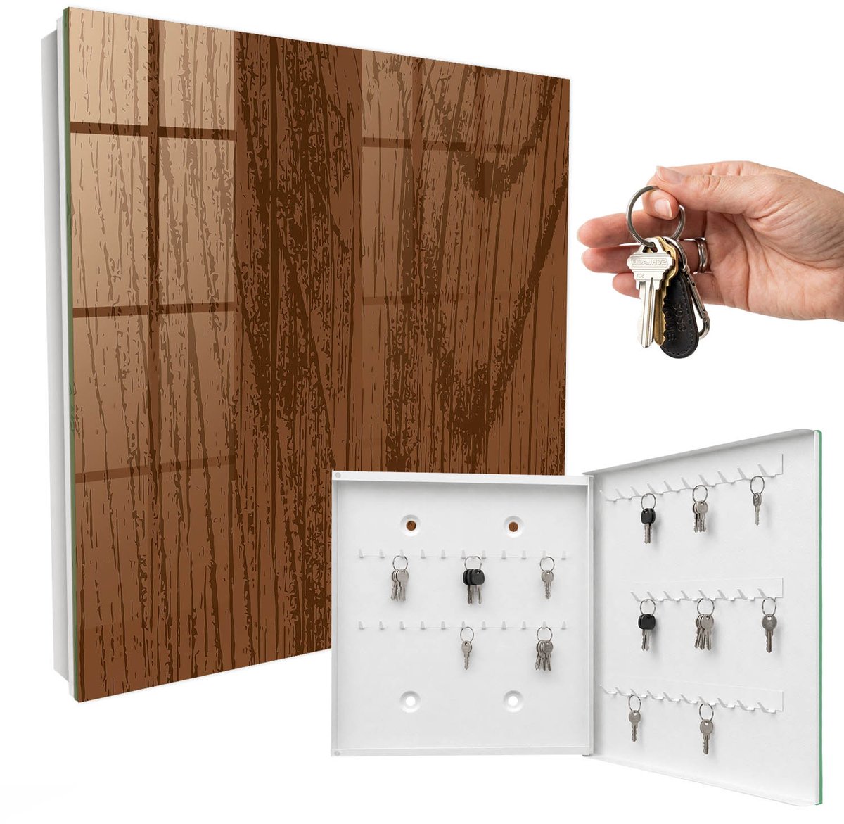 WallMuralia - Sleutelkast - 30x30x5 cm - met 50 haken - Houten Draden Sleutelkastje Industrieel - Bruin Sleutelbox - Rechtsopenend - Wit interieur