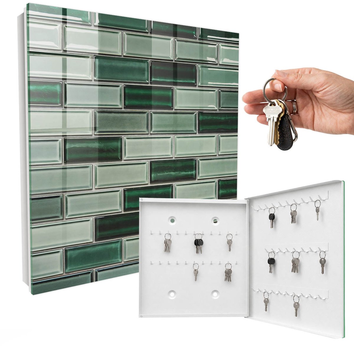 WallMuralia - Sleutelkast - 30x30x5 cm - met 50 haken - Groene Muur Sleutelkastje Industrieel - Groente Sleutelbox - Rechtsopenend - Wit interieur