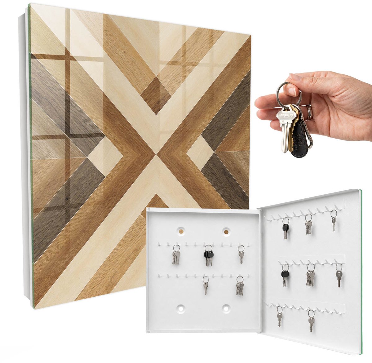 WallMuralia - Sleutelkast - 30x30x5 cm - met 50 haken - Houten Elegantie Sleutelkastje Hal - Bruin Sleutelbox - Rechtsopenend - Wit interieur