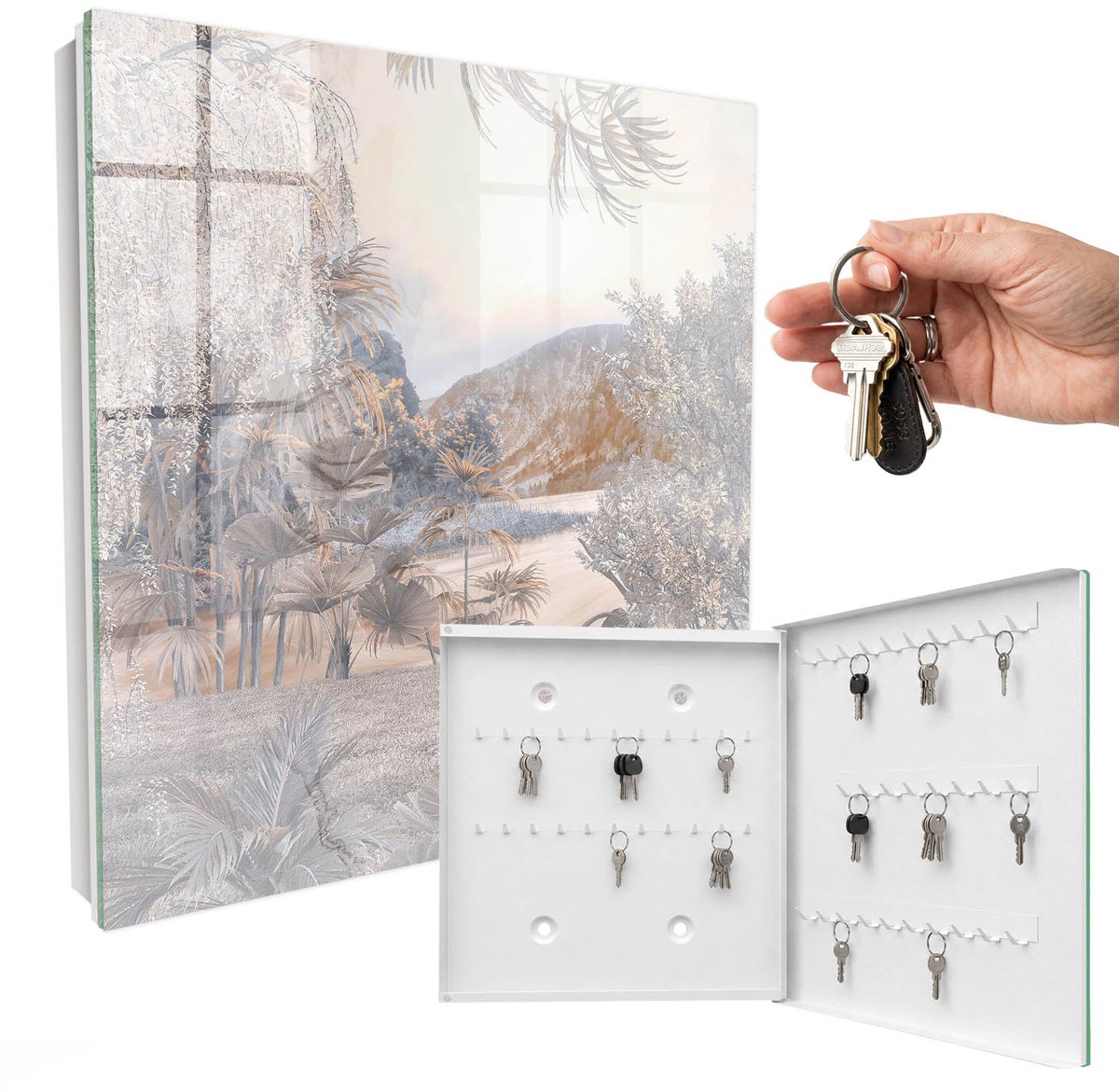 WallMuralia - Sleutelkast - 30x30x5 cm - met 50 haken - Bergvrede Sleutelkastje Landelijk - Beige Sleutelbox - Rechtsopenend - Wit interieur