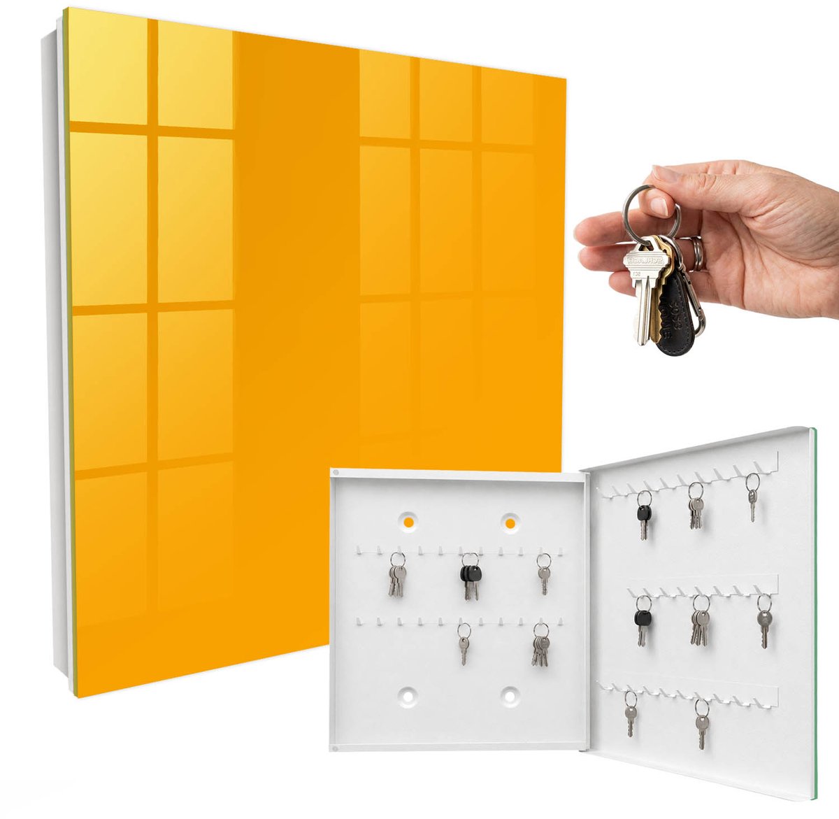 WallMuralia - Sleutelkast - 30x30x5 cm - met 50 haken - Oranje Sleutelkastje - Oranje Sleutelbox - Rechtsopenend - Wit interieur