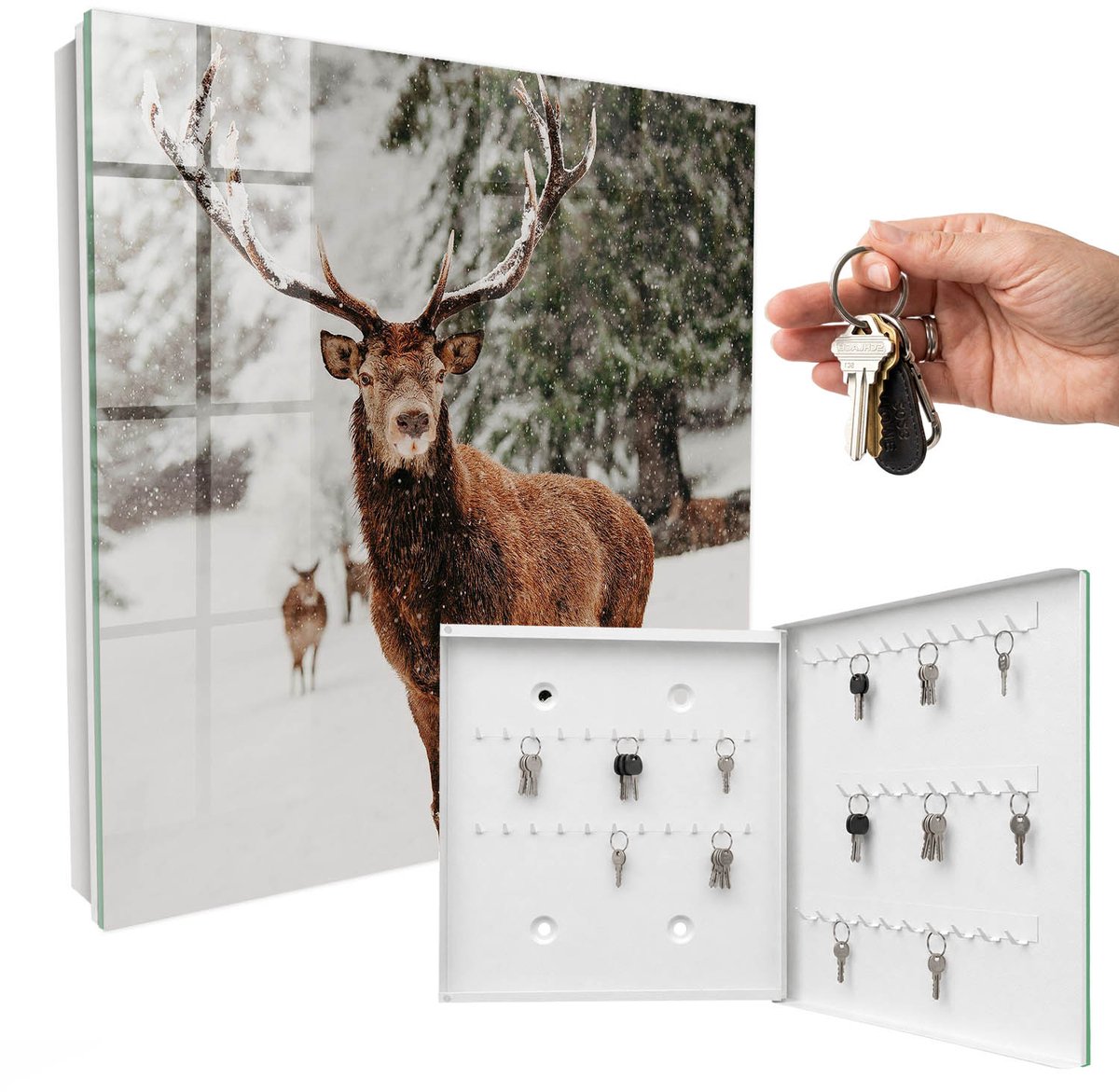 WallMuralia - Sleutelkast - 30x30x5 cm - met 50 haken - Winterhert Sleutelkastje Hal - Bruin Sleutelbox - Rechtsopenend - Wit interieur
