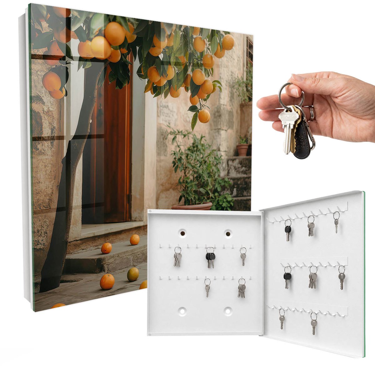 WallMuralia - Sleutelkast - 30x30x5 cm - met 50 haken - Gezellig Terras Design Sleutelkastje - Oranje Sleutelbox - Rechtsopenend - Wit interieur