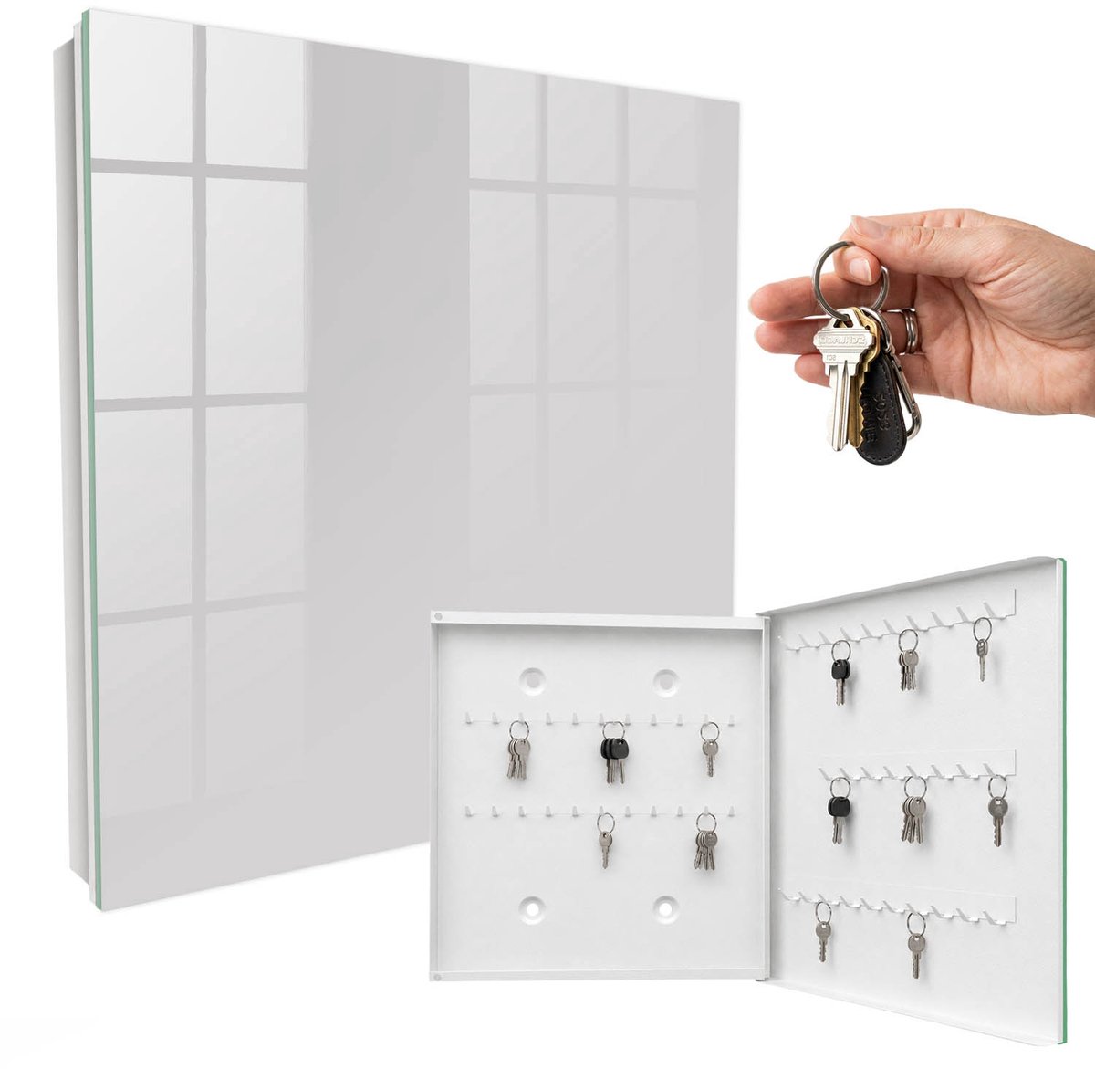 WallMuralia - Sleutelkast - 30x30x5 cm - met 50 haken - Grijze Kleur Sleutelkastje Muur - Grijs Sleutelbox - Rechtsopenend - Wit interieur