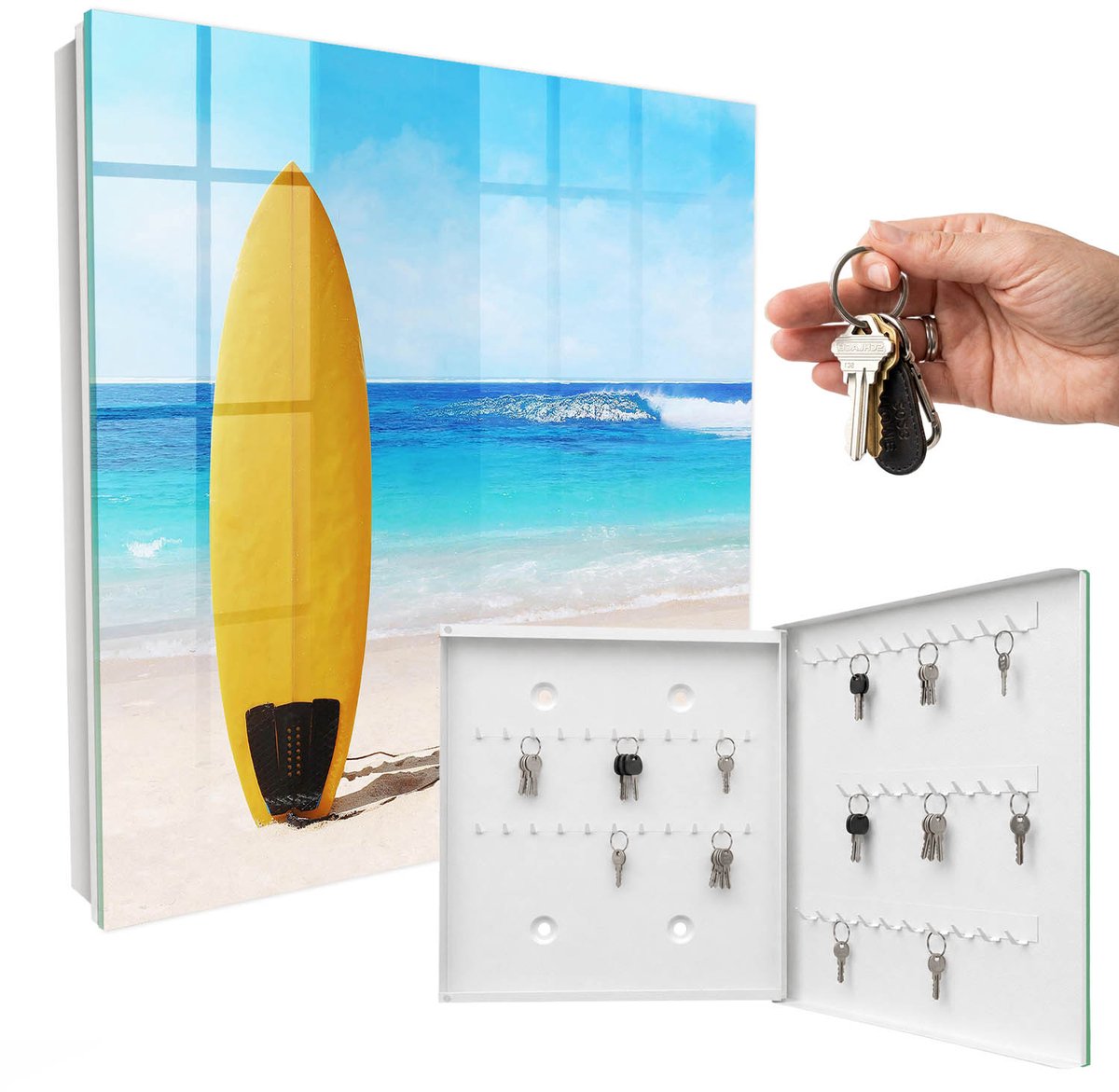 WallMuralia - Sleutelkast - 30x30x5 cm - met 50 haken - Surfparadijs Sleutelkastje Muur - Geel Sleutelbox - Rechtsopenend - Wit interieur
