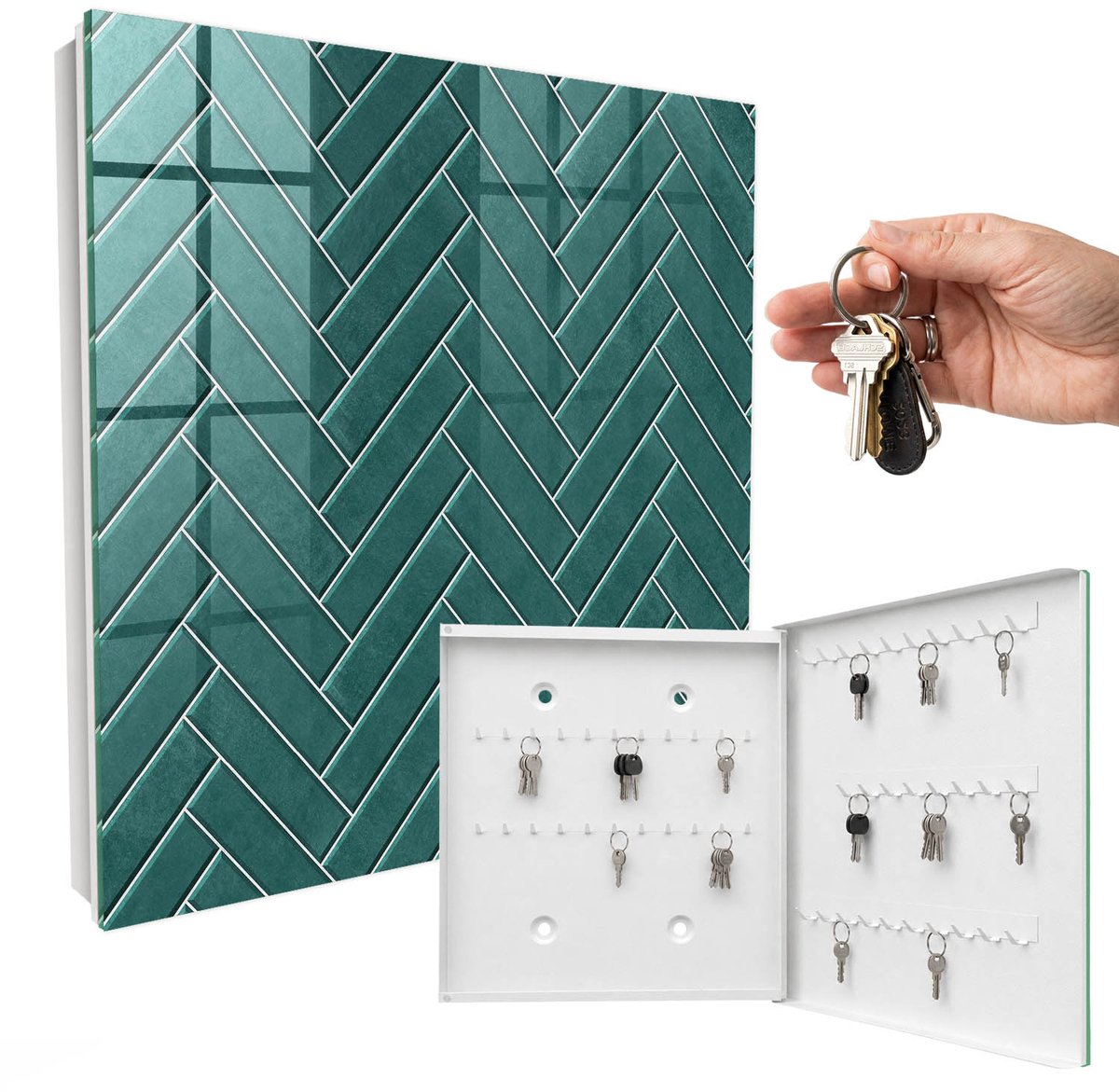 WallMuralia - Sleutelkast - 30x30x5 cm - met 50 haken - Turkooizen Visgraatmotief Sleutelkastje Design - Turkoois Sleutelbox - Rechtsopenend - Wit interieur
