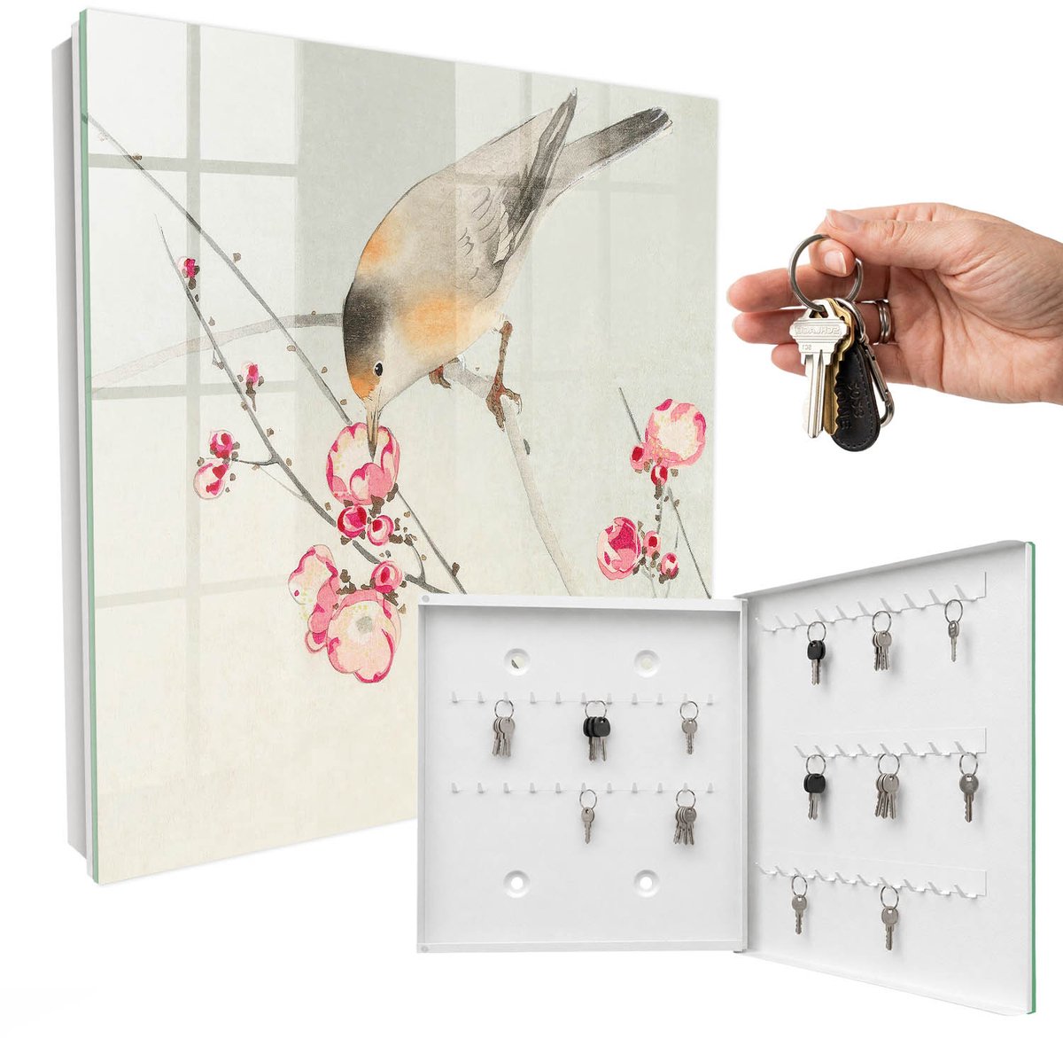 WallMuralia - Sleutelkast - 30x30x5 cm - met 50 haken - Vogelbloemen Sleutelkastje Klein - Grijs Sleutelbox - Rechtsopenend - Wit interieur