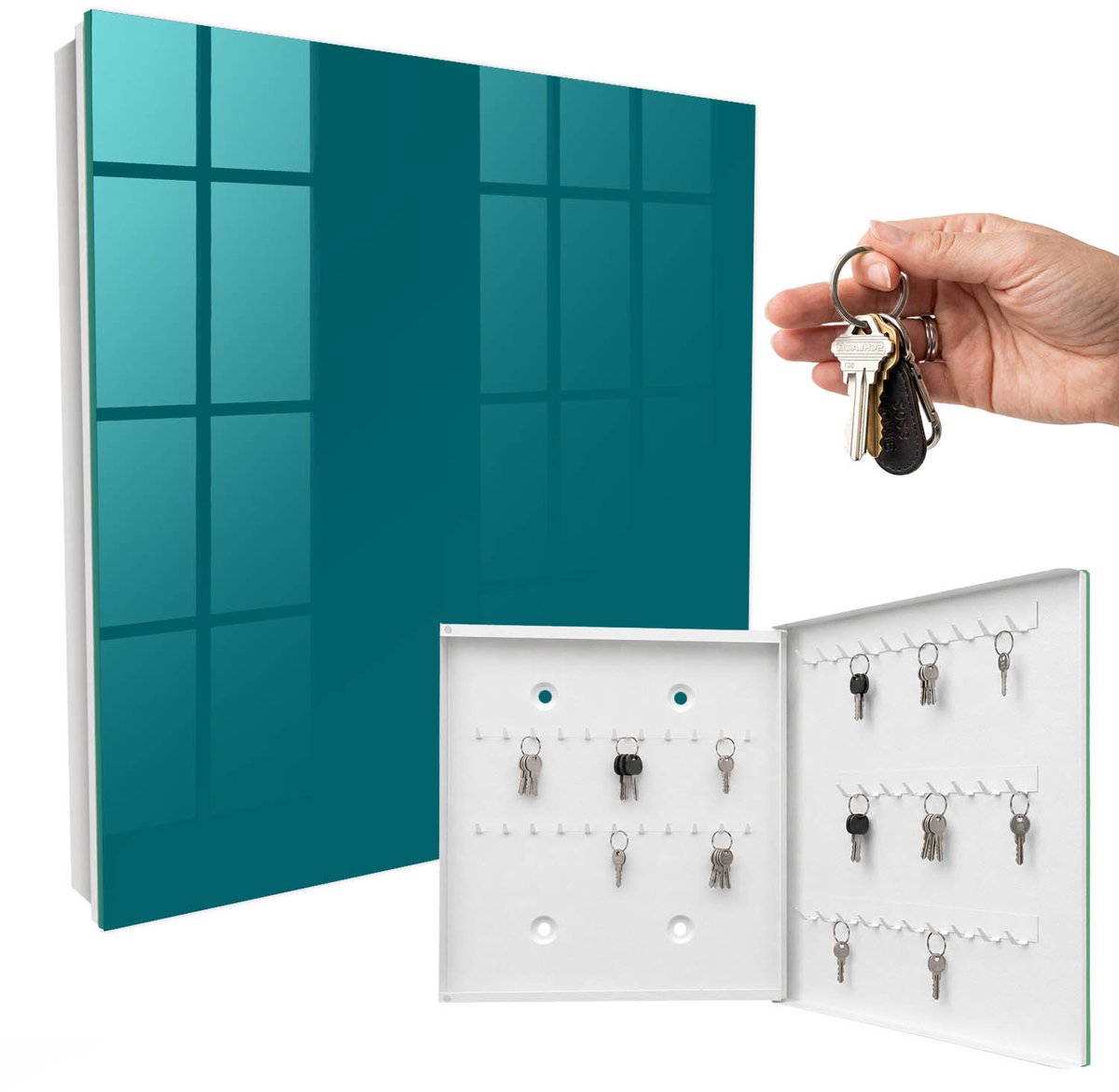 WallMuralia - Sleutelkast - 30x30x5 cm - met 50 haken - Donker Turkoois Groot Sleutelkastje - Turkoois Sleutelbox - Rechtsopenend - Wit interieur