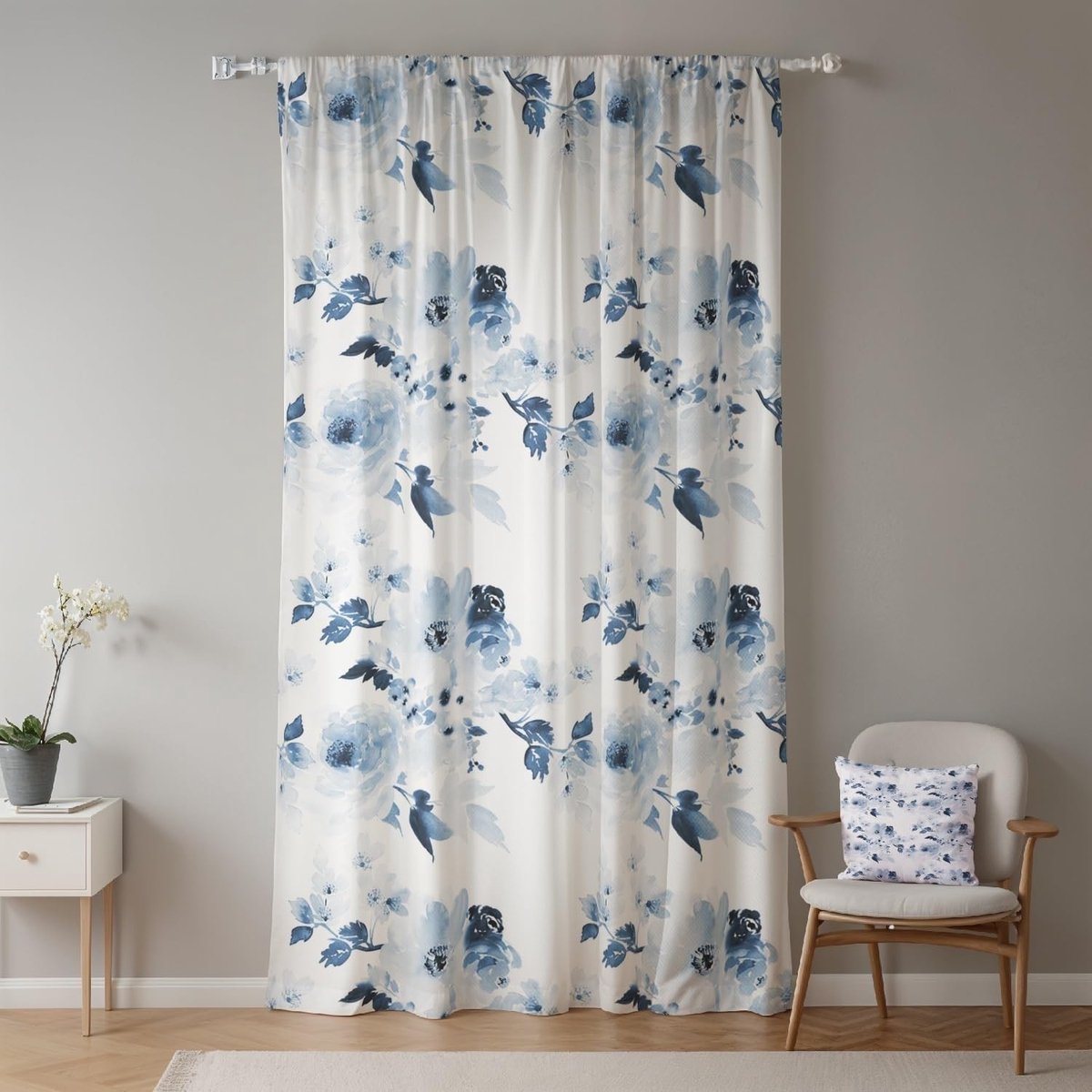 Elegante Waterverf Gordijnen met Bloemenprint in Marineblauw voor Woonkamer en Slaapkamer - Lichtdoorlatend en Privacy Beschermend, 1 Paneel