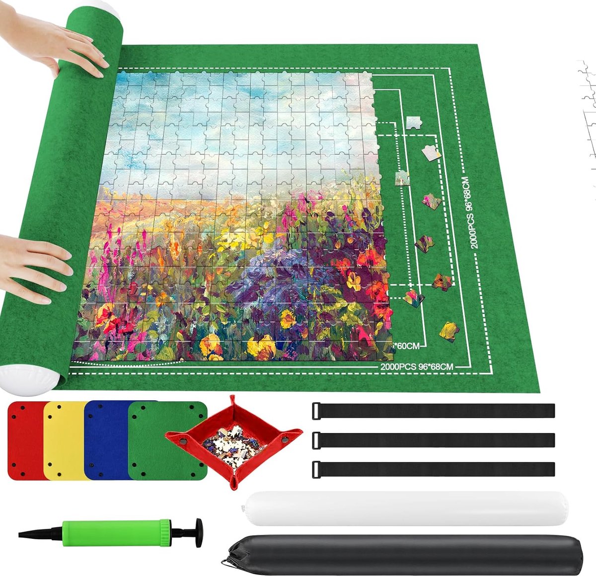 puzzelrol vilten mat, legpuzzelrolmat, draagbare oprolbare puzzelmat met hulplijnen voor maximaal 2000 stuks, opvouwbare puzzelmat met opblaasbare pomp