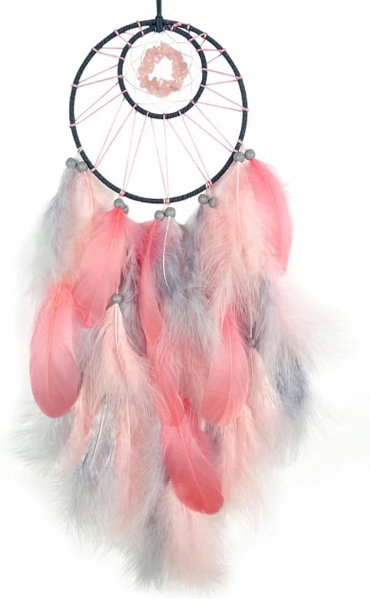 Dreamcatcher dromenvanger, 65 cm, vintage, veer, handgemaakt, dromenvanger in Boheemse stijl, voor wandbekleding, wooncultuur, ornamenten, handwerk, kamerdecoratie, grijs/roze
