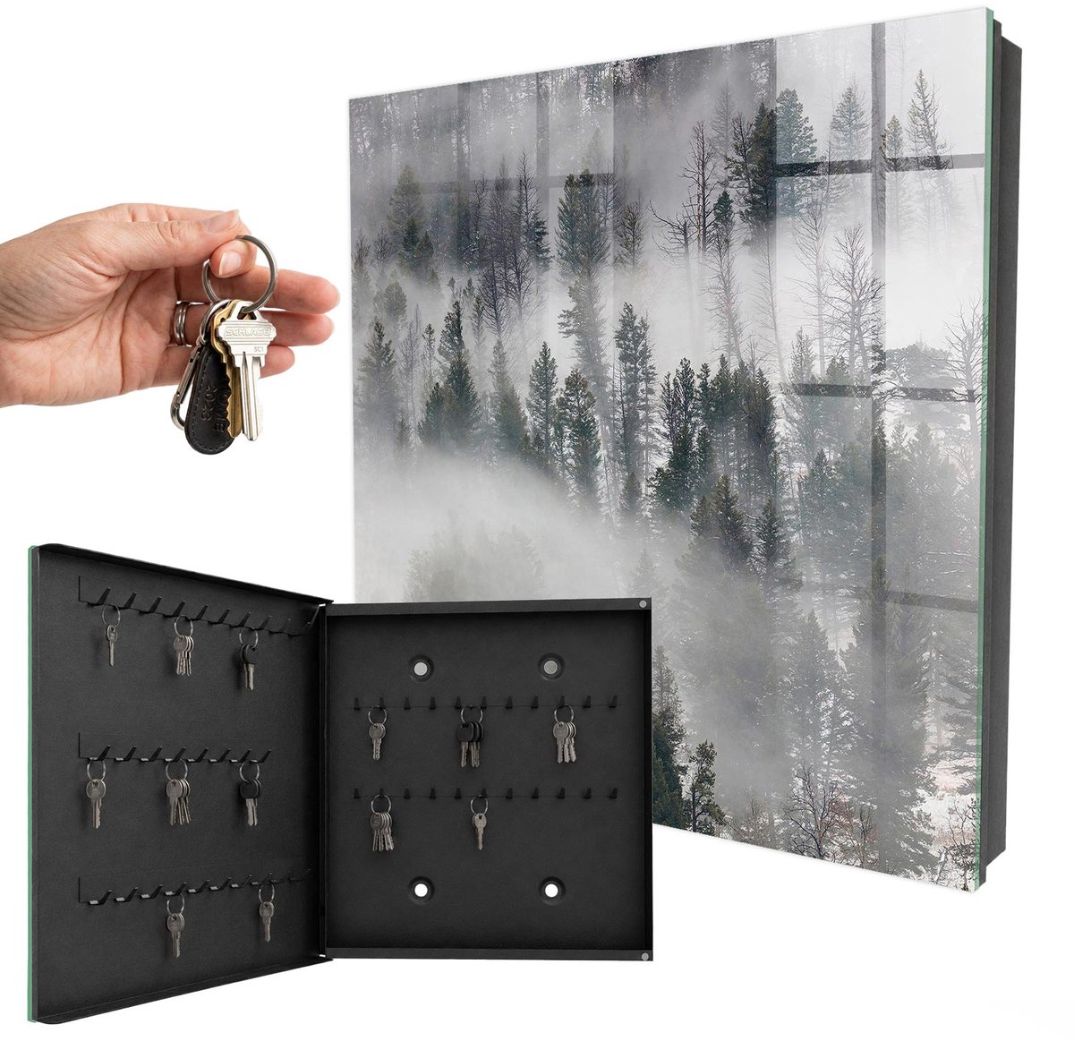 WallMuralia - Sleutelkast - 30x30x5 cm - met 50 haken - Mistig Groen Sleutelkastje Huis - Groente Sleutelbox - Linksopenend - Zwart interieur