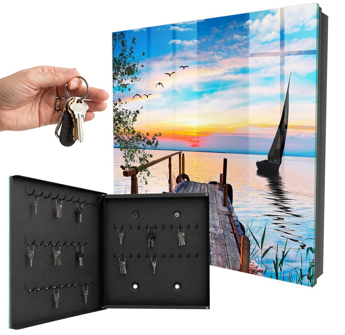 WallMuralia - Sleutelkast - 30x30x5 cm - met 50 haken - Vreedzaam Landschap Sleutelkastje Klein - Blauw Sleutelbox - Linksopenend - Zwart interieur