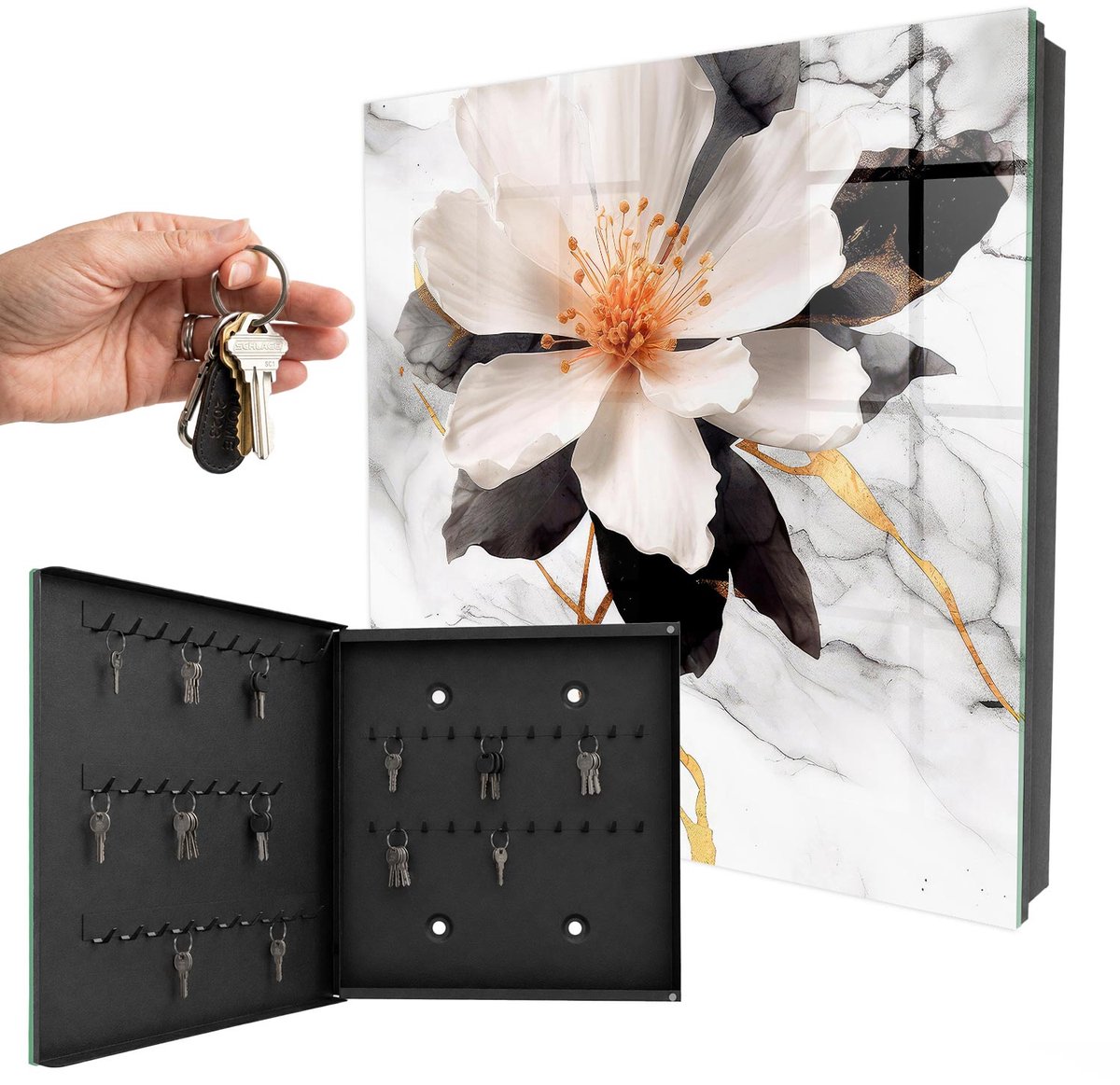 WallMuralia - Sleutelkast - 30x30x5 cm - met 50 haken - Bloemenpracht Sleutelkastje Industrieel - Wit Sleutelbox - Linksopenend - Zwart interieur