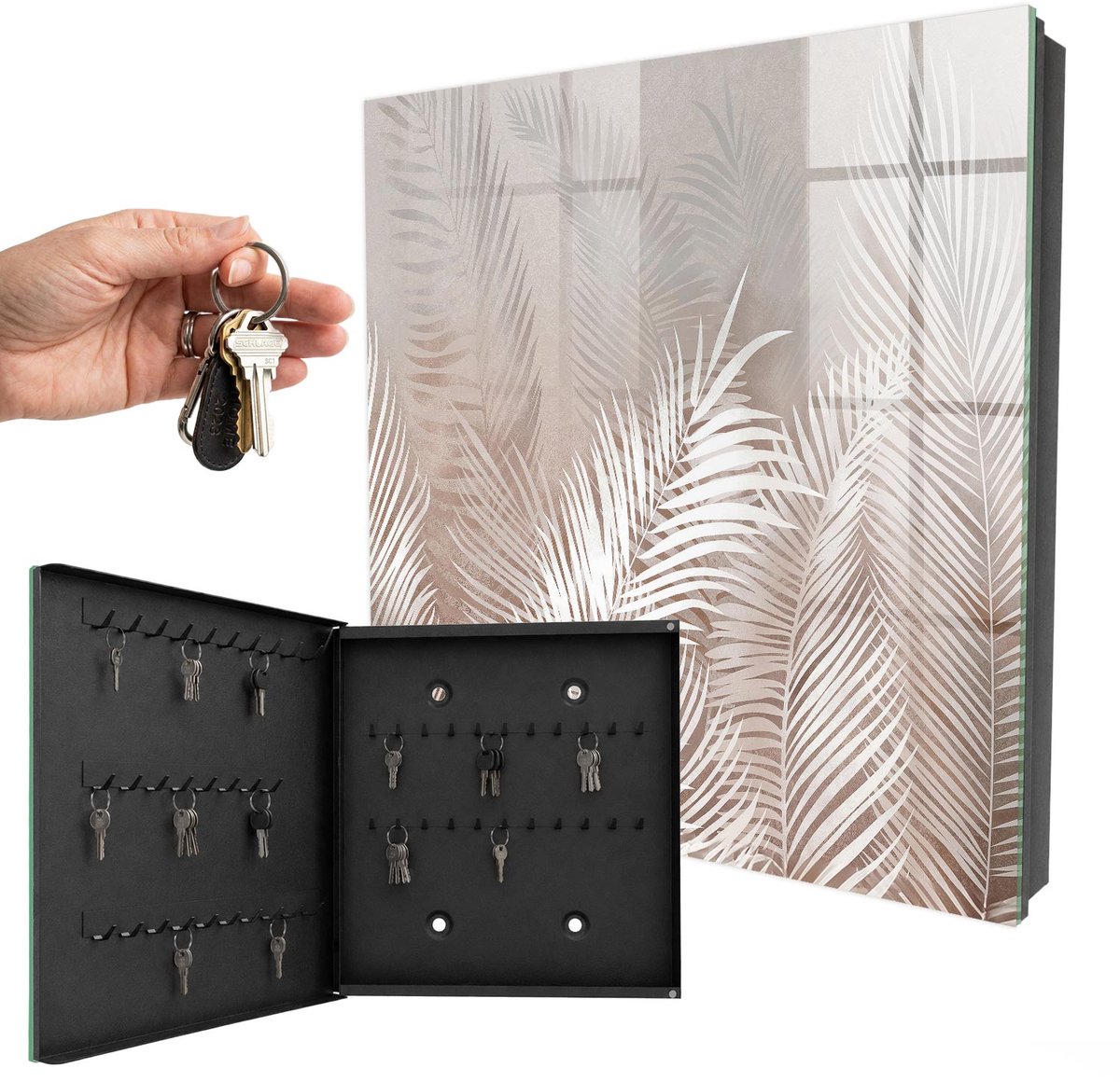 WallMuralia - Sleutelkast - 30x30x5 cm - met 50 haken - Bladeren Van Elegantie Sleutelkastje Binnen - Beige Sleutelbox - Linksopenend - Zwart interieur