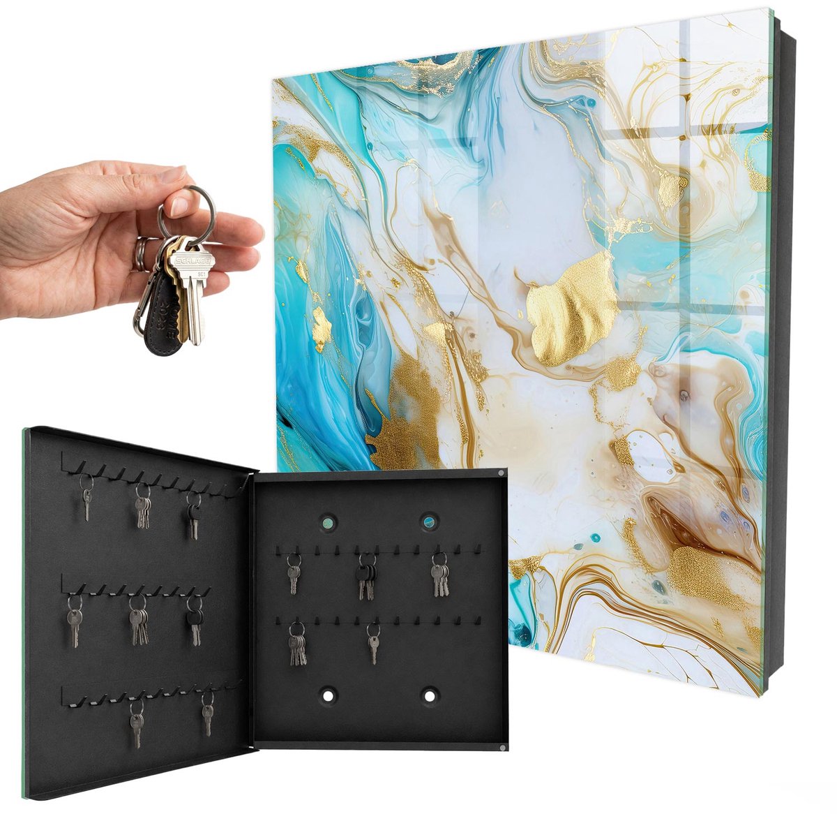 WallMuralia - Sleutelkast - 30x30x5 cm - met 50 haken - Turkooizen Patronen Sleutelkastje Klein - Turkoois Sleutelbox - Linksopenend - Zwart interieur