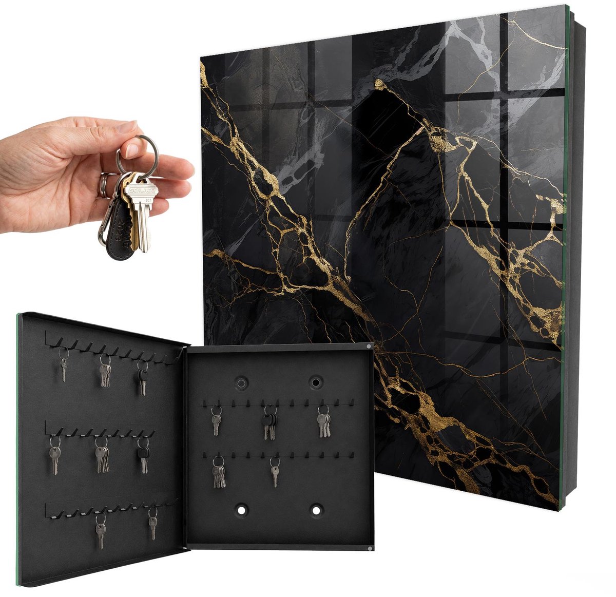 WallMuralia - Sleutelkast - 30x30x5 cm - met 50 haken - Elegant Patroon Sleutelkastje Gang - Zwart Sleutelbox - Linksopenend - Zwart interieur