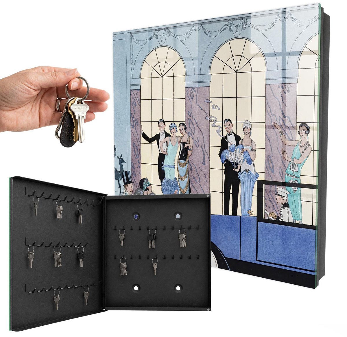 WallMuralia - Sleutelkast - 30x30x5 cm - met 50 haken - Blauwe Partij Sleutelkastje Gang - Blauw Sleutelbox - Linksopenend - Zwart interieur