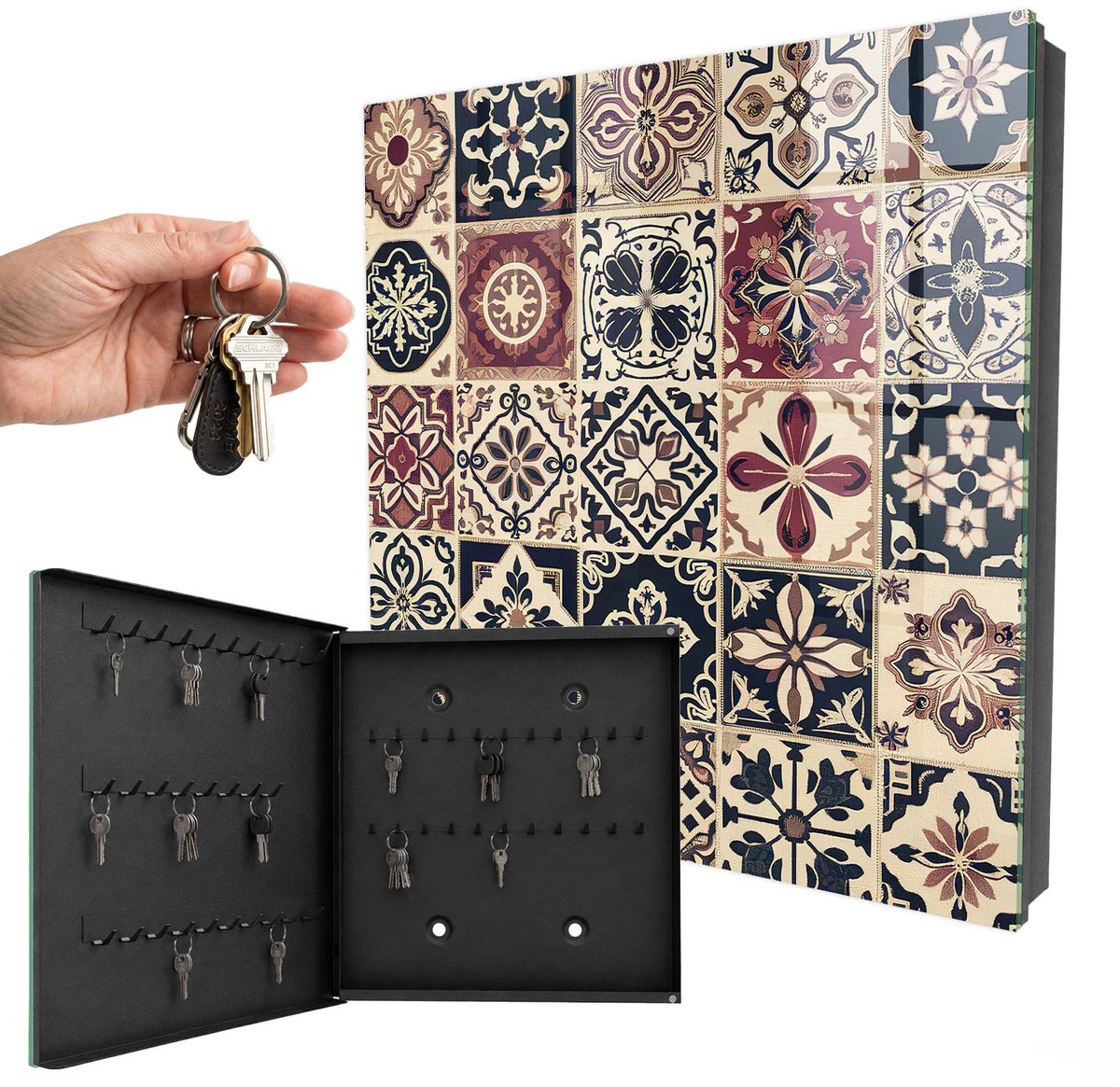 WallMuralia - Sleutelkast - 30x30x5 cm - met 50 haken - Klassieke Patronen Groot Sleutelkastje - Beige Sleutelbox - Linksopenend - Zwart interieur