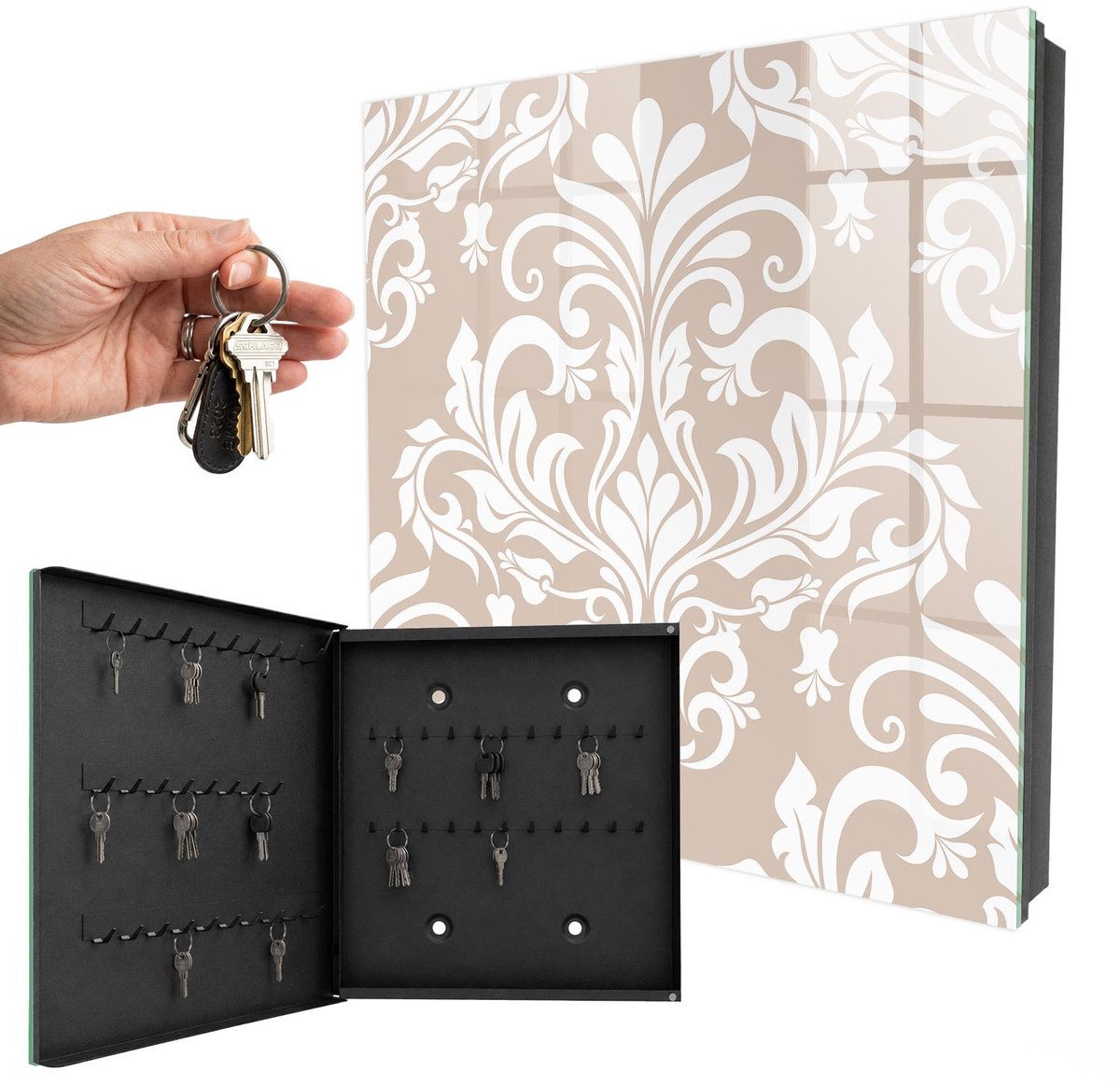 WallMuralia - Sleutelkast - 30x30x5 cm - met 50 haken - Elegante Symmetrie Groot Sleutelkastje - Beige Sleutelbox - Linksopenend - Zwart interieur