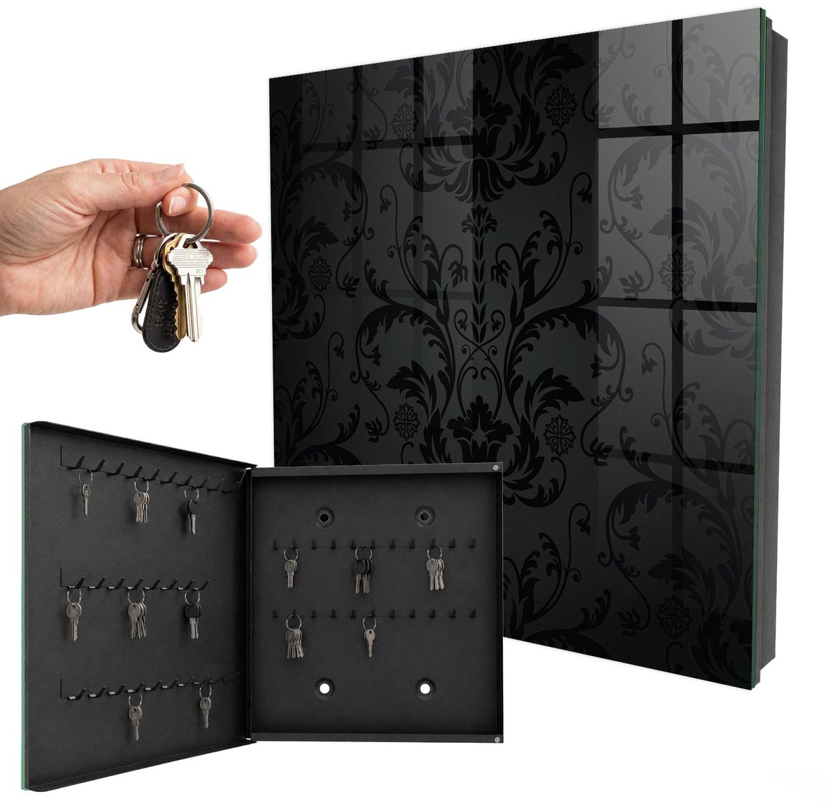 WallMuralia - Sleutelkast - 30x30x5 cm - met 50 haken - Klassiek Ornament Sleutelkastje Design - Zwart Sleutelbox - Linksopenend - Zwart interieur