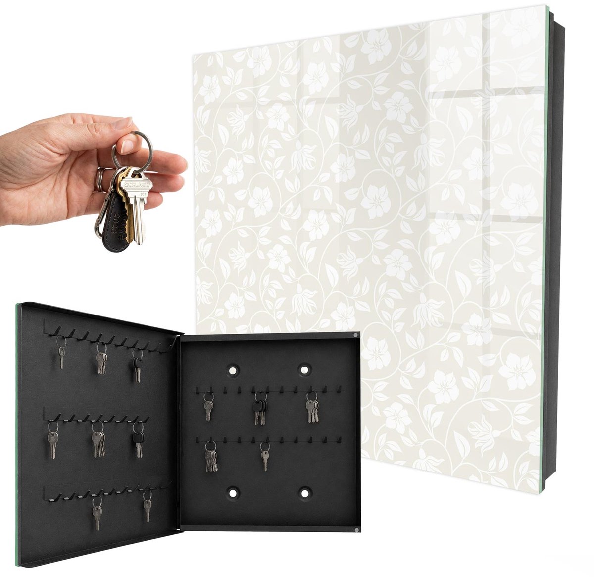 WallMuralia - Sleutelkast - 30x30x5 cm - met 50 haken - Bloemenpatroon Leuk Sleutelkastje - Beige Sleutelbox - Linksopenend - Zwart interieur