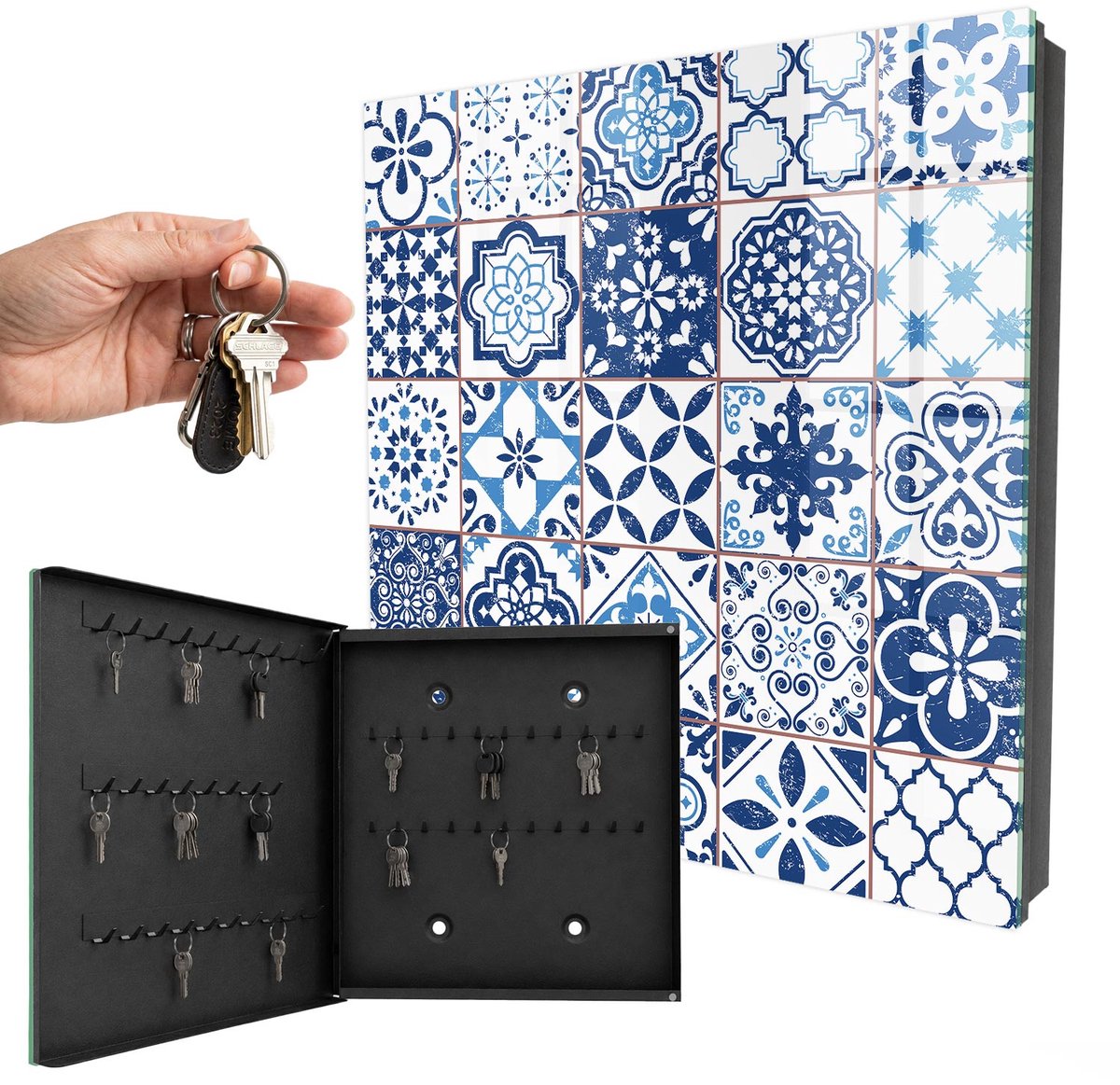 WallMuralia - Sleutelkast - 30x30x5 cm - met 50 haken - Blauwe Tegels Design Sleutelkastje - Blauw Sleutelbox - Linksopenend - Zwart interieur