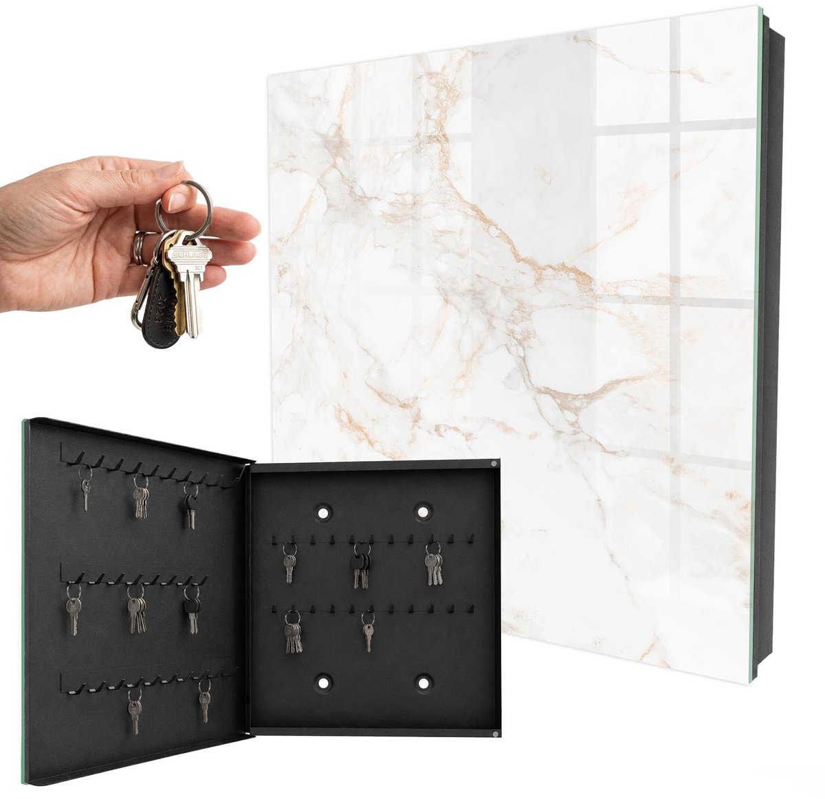 WallMuralia - Sleutelkast - 30x30x5 cm - met 50 haken - De Elegantie Van Marmer Sleutelkastje Gang - Wit Sleutelbox - Linksopenend - Zwart interieur