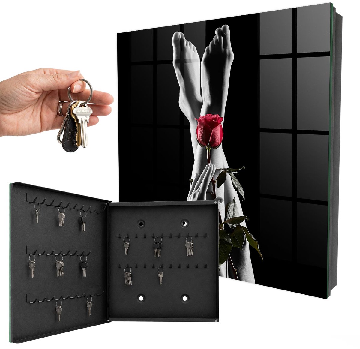 WallMuralia - Sleutelkast - 30x30x5 cm - met 50 haken - De Elegantie Van Een Roos Sleutelkastje Klein - Zwart Sleutelbox - Linksopenend - Zwart interieur