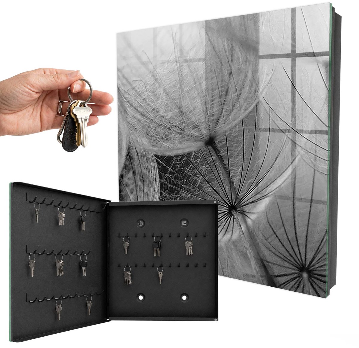 WallMuralia - Sleutelkast - 30x30x5 cm - met 50 haken - Paardenbloemzaden Sleutelkastje Huis - Grijs Sleutelbox - Linksopenend - Zwart interieur