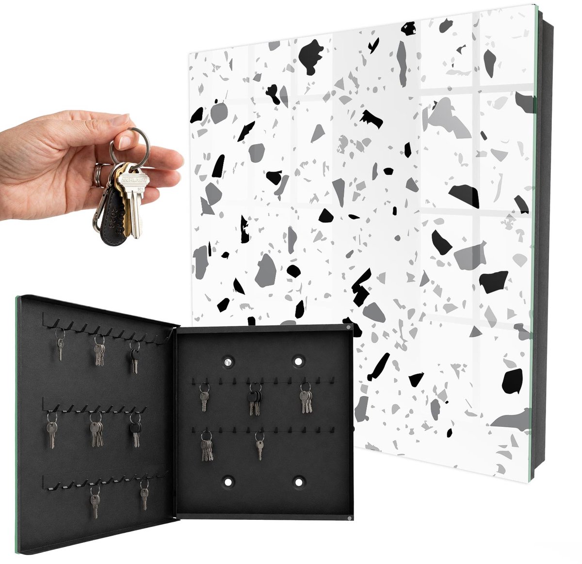WallMuralia - Sleutelkast - 30x30x5 cm - met 50 haken - Monochroom Terrazzo Sleutelkastje Voor Binnen - Wit Sleutelbox - Linksopenend - Zwart interieur