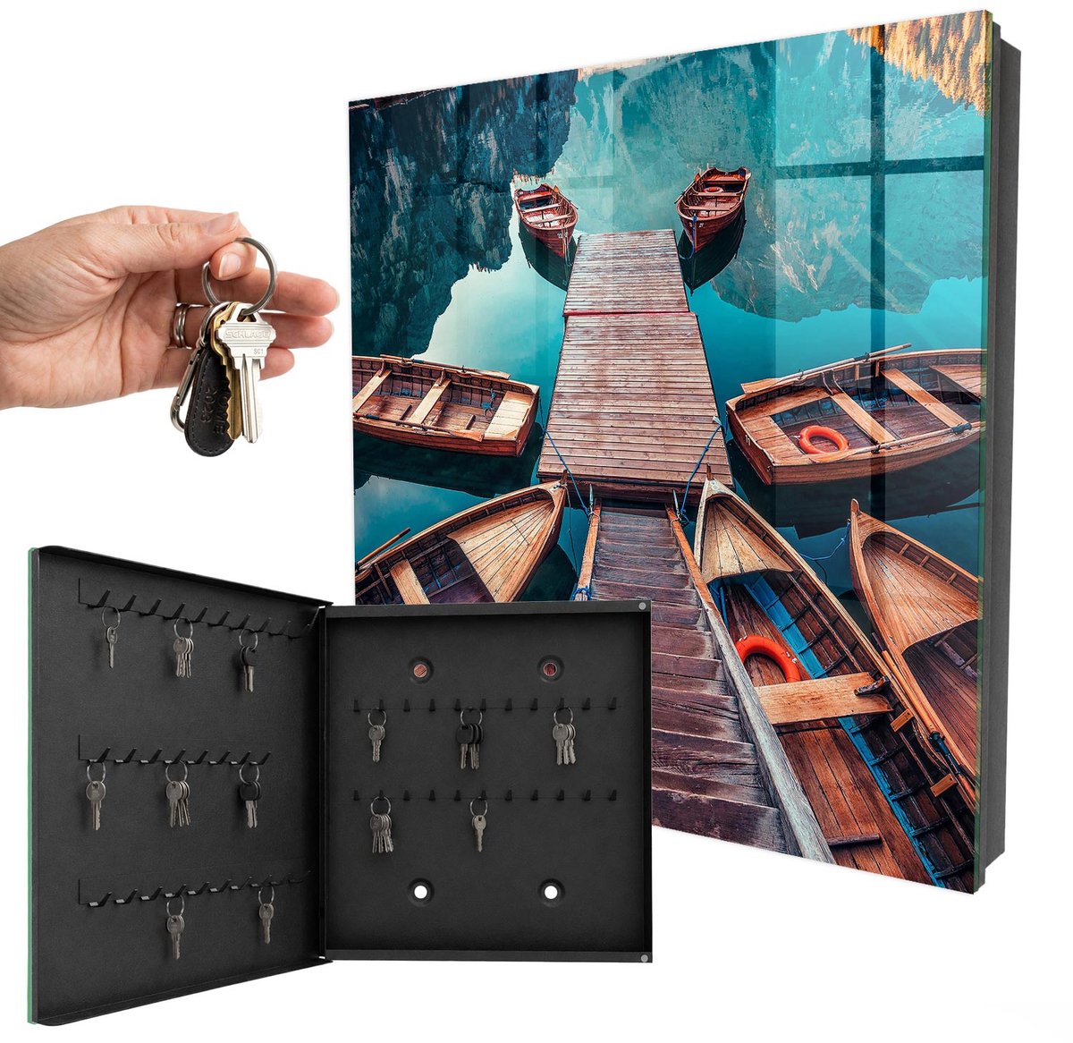 WallMuralia - Sleutelkast - 30x30x5 cm - met 50 haken - Berglandschap Design Sleutelkastje - Blauw Sleutelbox - Linksopenend - Zwart interieur