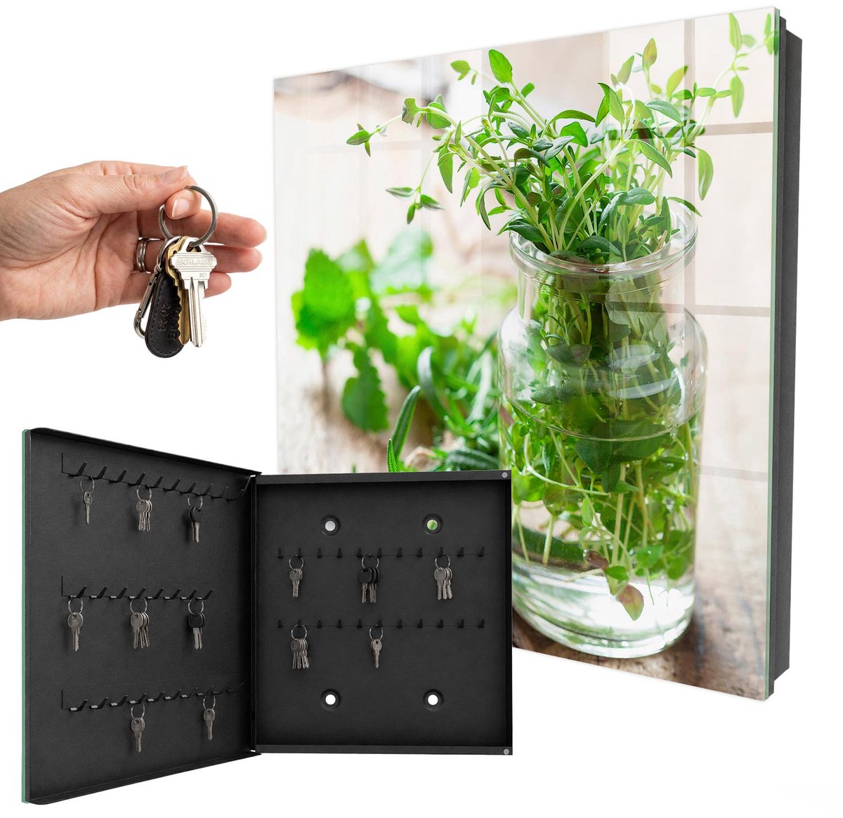 WallMuralia - Sleutelkast - 30x30x5 cm - met 50 haken - Groene Kruiden Sleutelkastje Voor Binnen - Groente Sleutelbox - Linksopenend - Zwart interieur