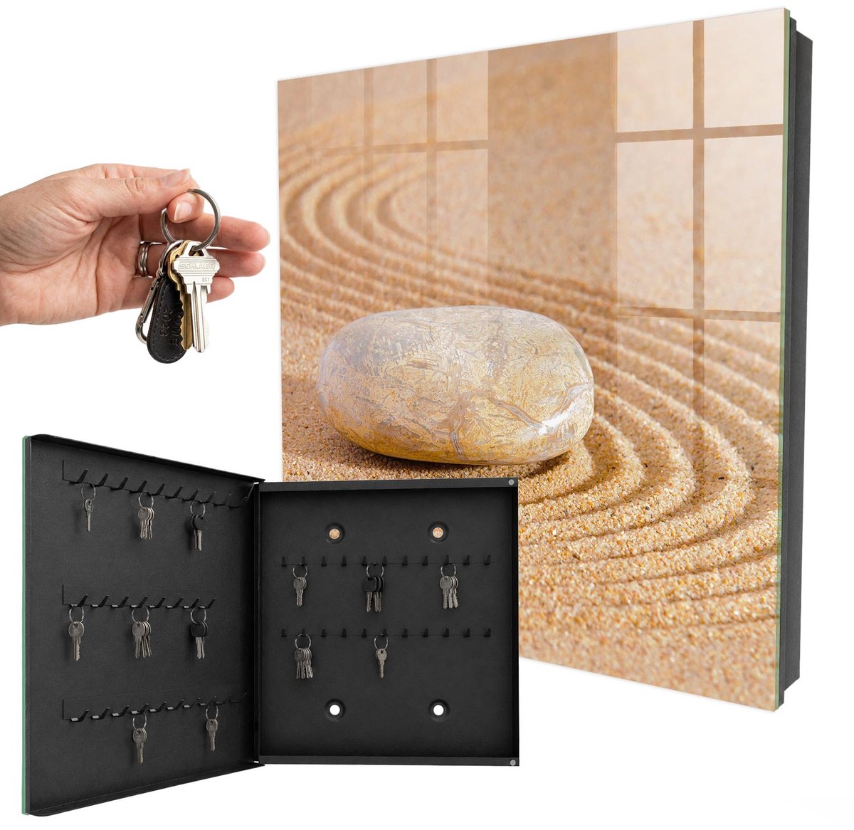 WallMuralia - Sleutelkast - 30x30x5 cm - met 50 haken - Een Steen In Het Zand Sleutelkastje Voor Binnen - Beige Sleutelbox - Linksopenend - Zwart interieur