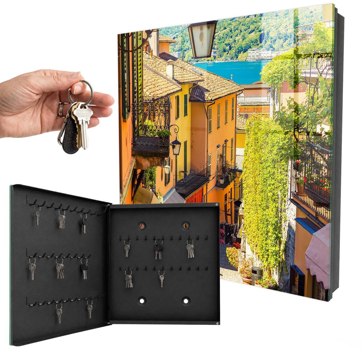 WallMuralia - Sleutelkast - 30x30x5 cm - met 50 haken - Een Kleurrijke Stad Sleutelkastje Modern - Geel Sleutelbox - Linksopenend - Zwart interieur