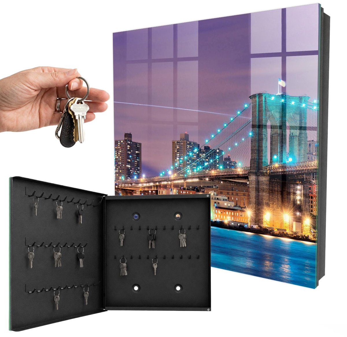 WallMuralia - Sleutelkast - 30x30x5 cm - met 50 haken - Stadsbrug Sleutelkastje Design - Paars Sleutelbox - Linksopenend - Zwart interieur