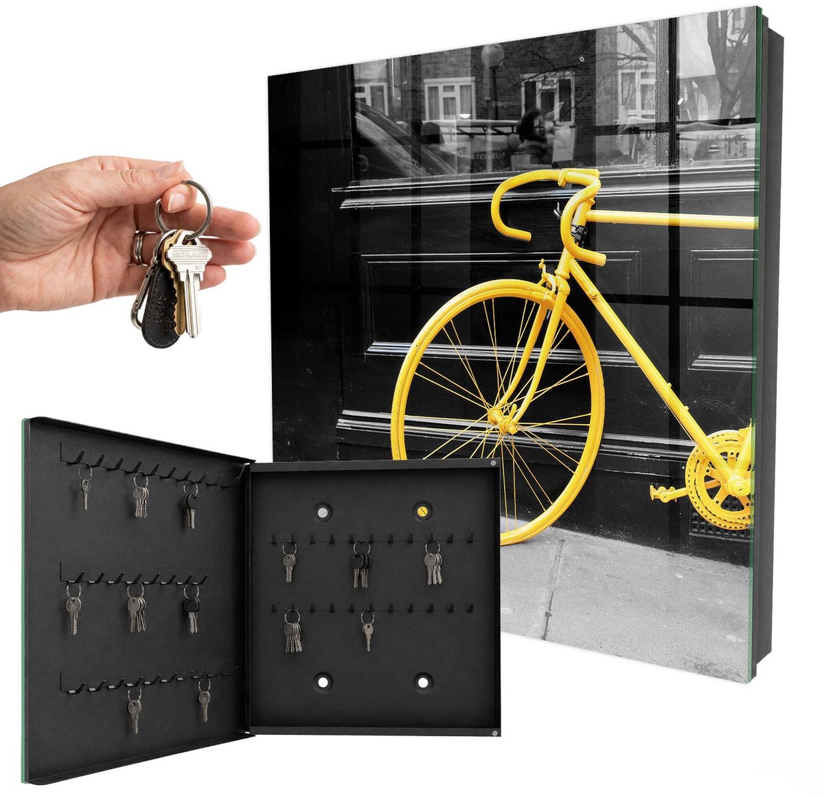 WallMuralia - Sleutelkast - 30x30x5 cm - met 50 haken - Gele Fiets Leuk Sleutelkastje - Geel Sleutelbox - Linksopenend - Zwart interieur
