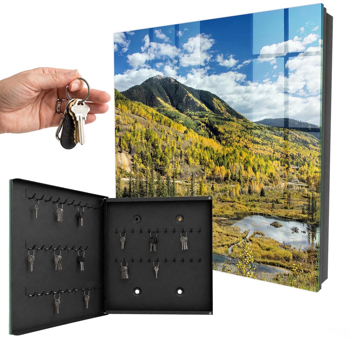 WallMuralia - Sleutelkast - 30x30x5 cm - met 50 haken - Herfstlandschap Sleutelkastje Voor Binnen - Groente Sleutelbox - Linksopenend - Zwart interieur