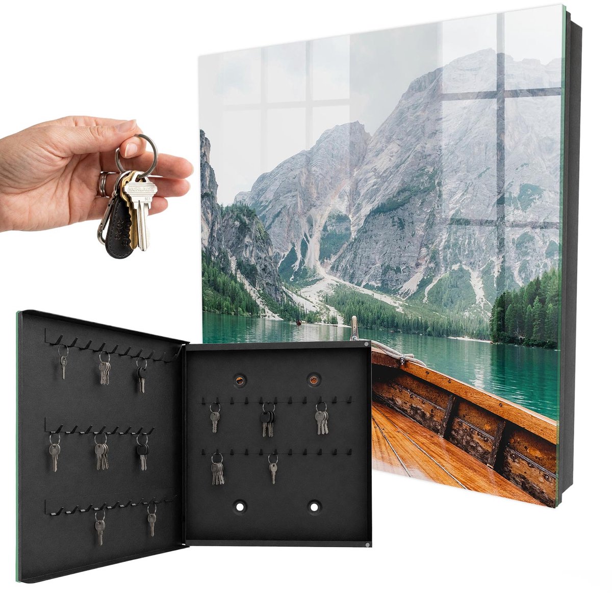 WallMuralia - Sleutelkast - 30x30x5 cm - met 50 haken - Bergzeilen Sleutelkastje Design - Bruin Sleutelbox - Linksopenend - Zwart interieur