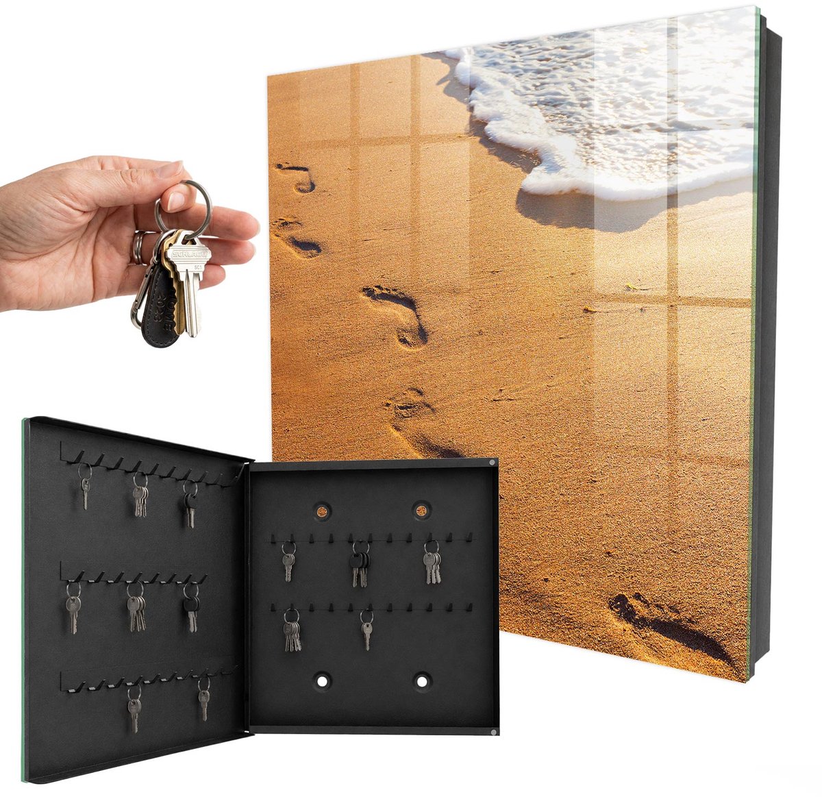 WallMuralia - Sleutelkast - 30x30x5 cm - met 50 haken - De Rust Van Het Strand Groot Sleutelkastje - Geel Sleutelbox - Linksopenend - Zwart interieur